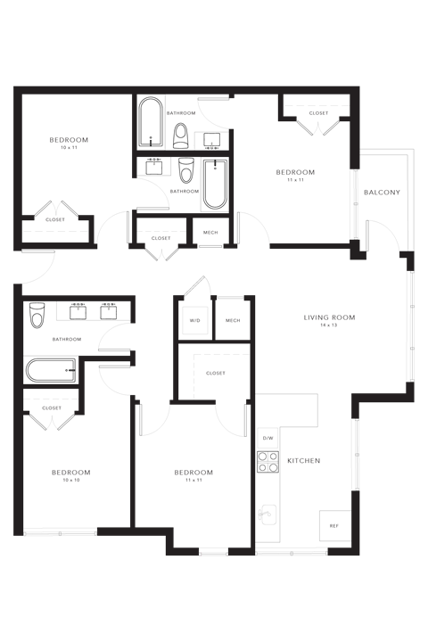Floor plan for 4 beds, 2 baths, 1242 sqft